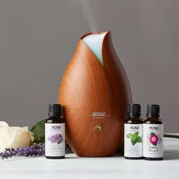 NOW Foods Essential Oils, Ultrasonic Faux Wood Aromatherapy Oil Diffuser, Contemporary Design, Extremely Quiet Heat Free, Color Changing LED Diffuser