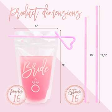 Effortless Events Bachelorette Drink Pouches for Adults, 16 Count, 15 Oz Drink Pouches with Straws, ...