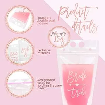 Effortless Events Bachelorette Drink Pouches for Adults, 16 Count, 15 Oz Drink Pouches with Straws, Rose Gold, Bride and Bride Tribe, Bachelorette Party Cups