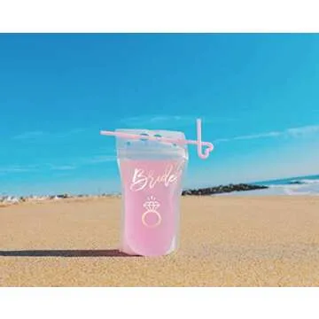 Effortless Events Bachelorette Drink Pouches for Adults, 16 Count, 15 Oz Drink Pouches with Straws, Rose Gold, Bride and Bride Tribe, Bachelorette Party Cups