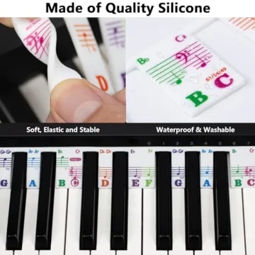Piano Stickers for Beginners, Azymi Piano Note Stickers Removable for 88/76/61/54/49/37 Keys Reusable Silicone Strips Multi-Color Large Bold Letter for Kids