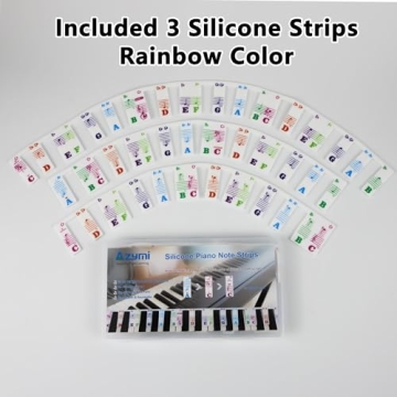 Piano Stickers for Beginners, Azymi Piano Note Stickers Removable for 88/76/61/54/49/37 Keys Reusable Silicone Strips Multi-Color Large Bold Letter for Kids