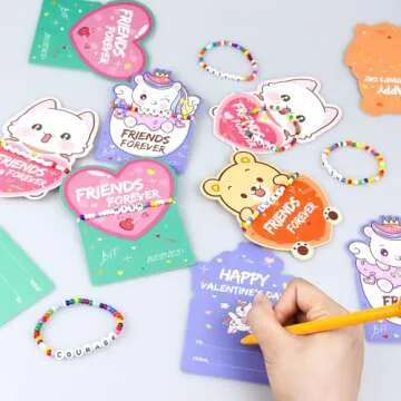 Valentines Day Cards for Kids Classroom, 24 Pack Valentines Gift Cards with Friendship Bead Bracelets, Valentines Gift Exchange for Boys Girls, Valentines Party Favors Supplies for Kids
