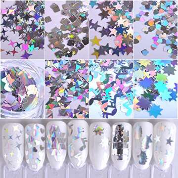 Holographic Nail Art Glitter Sequins Nail Art Supplies Flakes 12 Grids Laser Silver Nail Decals 3D Butterfly Nail Glitters Star Heart Unicorn Nail Art Sticker Confetti for Acrylic Nails Decorations