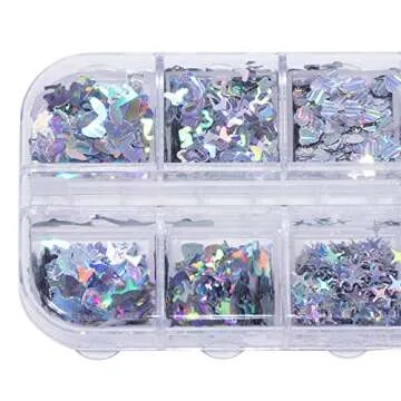 Holographic Nail Art Glitter Sequins Nail Art Supplies Flakes 12 Grids Laser Silver Nail Decals 3D Butterfly Nail Glitters Star Heart Unicorn Nail Art Sticker Confetti for Acrylic Nails Decorations