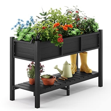 LUE BONA Raised Garden Bed with Tools, 47*18*29 in, Poly Elevated Planter Box with Legs And Storage ...