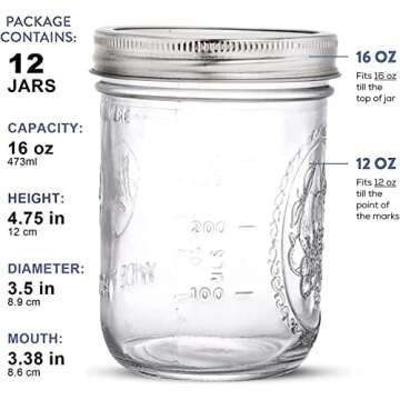 Tebery 12 Pack Wide Mouth Mason Jars 16 Oz, Canning Glass Jars With Airtight lids and Bands for Fermenting, Pickling, Meal Prep, Overnight Oats, Jam, Jelly (16OZ)