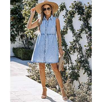 LookbookStore Women Blue Denim Dress for Summer Babydoll Jean Dress Button Down Sleeveless Denim Dress Tiered Flowy Dress Jean Dress Blue Denim Babydoll Dress Size S Size 4 Size 6