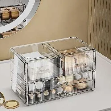 ZHIAI Stackable Storage Drawers, Acrylic Bathroom Counter Organizer Clear Makeup Organizers for Vanity, Kitchen Cabinets, Bathroom, Undersink, Home Organization and Storage (4 Drawers, Pattern D)