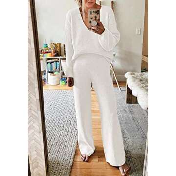 Fixmatti Womens 2 Piece Outfits Ribbed Knitted V Neck Sweater Matching Wide Leg Pants Set Tracksuits White L