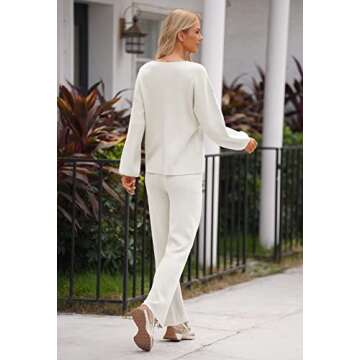 Fixmatti Womens 2 Piece Outfits Ribbed Knitted V Neck Sweater Matching Wide Leg Pants Set Tracksuits White L