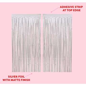 xo, Fetti Party Decorations Matte Silver Fringe Foil Curtain - Set of 2 | Bachelorette Bridal Shower Backdrop, Wedding, Birthday Photo Booth