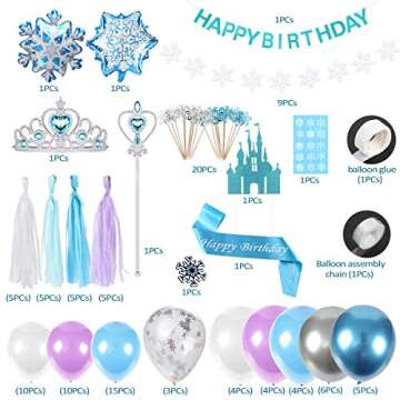 Golray Frozen Birthday Party Supplies Girls Princess Elsa Birthday Party Decorations 61 Balloons, Banner, Tassel, Sash, Pin, Cake Topper, Tattoo, Crown Wand, Girls Birthday Decor 2nd 3rd 4th 5th