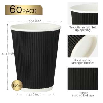 JollyPack 60 Pack Disposable Coffee Cups, Paper Coffee Cups 12 oz, Black Hot Paper Cups with Ripple ...