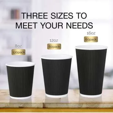 JollyPack 60 Pack Disposable Coffee Cups, Paper Coffee Cups 12 oz, Black Hot Paper Cups with Ripple Wall Design, Hot Beverage Cups Suitable for Birthday, Party and Any Occasions