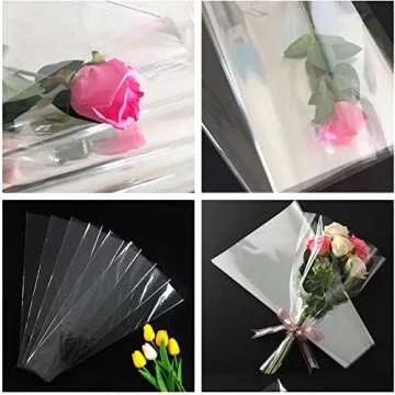 100 Pcs flower packaging transparent bag,flowers bouquet sleeve transparent cellophane Suitable for flower shop, shopping mall flower packaging (15X12)