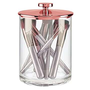 mDesign Large Modern Apothecary Storage Organizer Canister Jars - Plastic Containers for Bathroom, Organization Holder for Vanity, Counter, Makeup Tables, Lumiere Collection, 2 Pack, Clear/Rose Gold