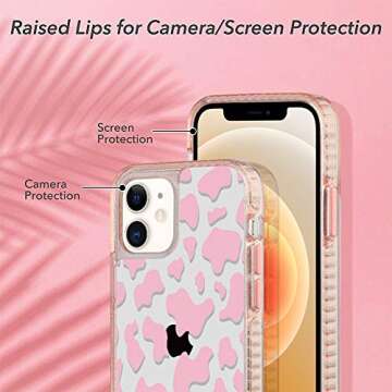 SAKUULO Compatible with iPhone 12 Clear Case Pink Cow Print Case for iPhone 12