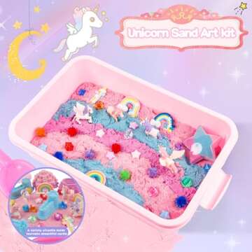 Volmop Unicorn Sensory Bin for Girl, 148pcs Play Sand Art Kit with Sandbox, 3.3lb Color Sand,Unicorn...