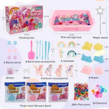 Volmop Unicorn Sensory Bin for Girl, 148pcs Play Sand Art Kit with Sandbox, 3.3lb Color Sand,Unicorn Tactile Sensory Toy for Girl Toddler Ages 3-8