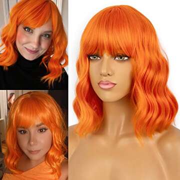 LANCAINI Wavy Wig With Bangs Women's Short Orange Wigs Curly Wavy Bob Synthetic Cosplay Wig for Girl...
