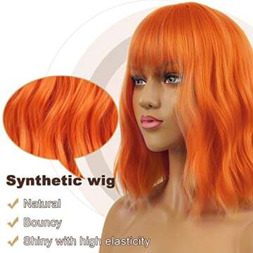 LANCAINI Short Orange Wavy Wig with Bangs for Fun Style