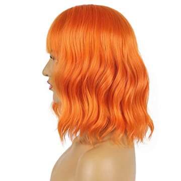 LANCAINI Short Orange Wavy Wig with Bangs for Fun Style