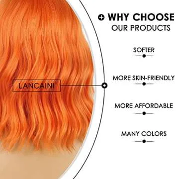 LANCAINI Short Orange Wavy Wig with Bangs for Fun Style