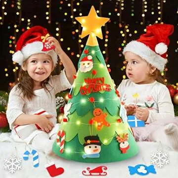 3D Felt Christmas Tree, Outgeek 2.3Ft DIY Xmas Tree with 28PCS Detachable Ornaments and Light String Xmas Gifts for Kids Toddler Christmas Decoration (3D Christmas Tree)