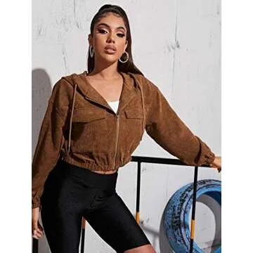 MakeMeChic Women's Zip Up Dual Pocket Long Sleeve Drawstring Hoodie Corduroy Jacket Brown L