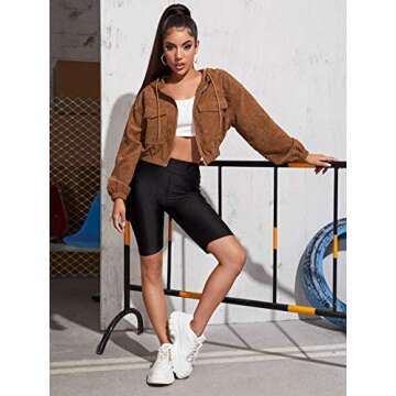 MakeMeChic Women's Zip Up Dual Pocket Long Sleeve Drawstring Hoodie Corduroy Jacket Brown L