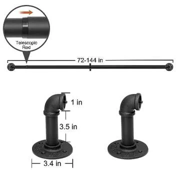 Refrze Blackout Curtain Rods for Windows 72 to 144 Inch, Industrial Curtain Rods, Wrap Around Curtain Rods for Bedroom,1 Inch Heavy Duty Outdoor Curtain Rods for Patio, 72-144", Black