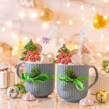 HILOLOA Ribbon Reusable Glass Straws with Charms, Cute Bow Shaped Charm Glass Straw with Cleaning Br...