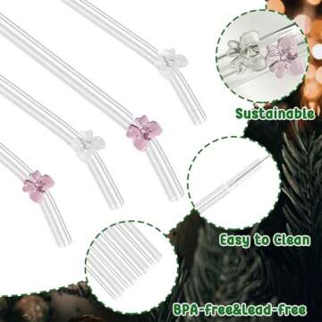HILOLOA Ribbon Reusable Glass Straws with Charms, Cute Bow Shaped Charm Glass Straw with Cleaning Brush for Coffee, Smoothies, Milkshake, Frozen Drinks, Tea, Juice,Aesthetic Gift