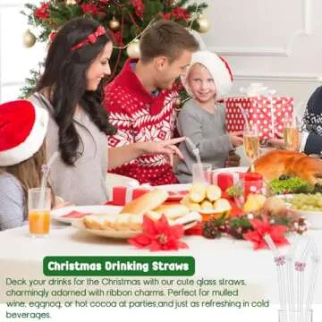 HILOLOA Ribbon Reusable Glass Straws with Charms, Cute Bow Shaped Charm Glass Straw with Cleaning Brush for Coffee, Smoothies, Milkshake, Frozen Drinks, Tea, Juice,Aesthetic Gift