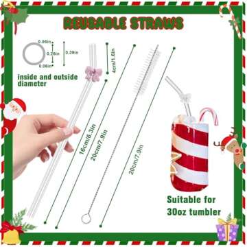 HILOLOA Ribbon Reusable Glass Straws with Charms, Cute Bow Shaped Charm Glass Straw with Cleaning Brush for Coffee, Smoothies, Milkshake, Frozen Drinks, Tea, Juice,Aesthetic Gift