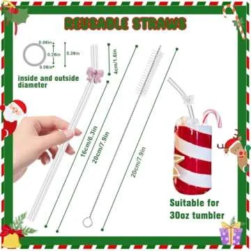 HILOLOA Ribbon Reusable Glass Straws with Charms, Cute Bow Shaped Charm Glass Straw with Cleaning Brush for Coffee, Smoothies, Milkshake, Frozen Drinks, Tea, Juice,Aesthetic Gift