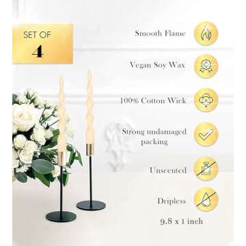 LPUSA 9.8" Ivory Spiral Taper Candles Dripless Twisted Taper Candle Handmade from Vegan Soy Wax for Holiday Wedding Party Home Dinner Decoration Party and Any Occasion,Set of 4(Ivory)