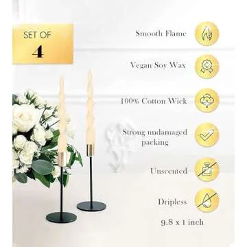 LPUSA 9.8" Ivory Spiral Taper Candles Dripless Twisted Taper Candle Handmade from Vegan Soy Wax for Holiday Wedding Party Home Dinner Decoration Party and Any Occasion,Set of 4(Ivory)