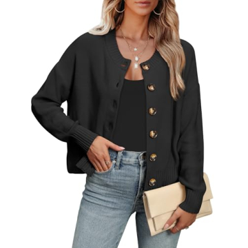 ANRABESS Women Knit Cardigans Sweater Open Front Button Down Long Sleeve Cropped Lady Jacket