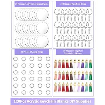 YETOOME 120 Pcs Key Ring Acrylic Blanks Keychain Tassels Set, 2 Inch Round Clear Acrylic Keychain with Chain Jump Rings and Colorful Keychain Tassels for DIY Keychain Vinyl Crafting