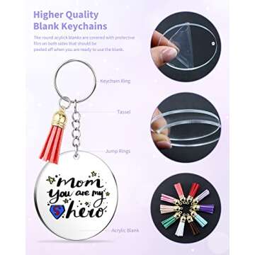YETOOME 120 Pcs Key Ring Acrylic Blanks Keychain Tassels Set, 2 Inch Round Clear Acrylic Keychain with Chain Jump Rings and Colorful Keychain Tassels for DIY Keychain Vinyl Crafting
