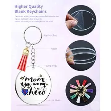 YETOOME 120 Pcs Key Ring Acrylic Blanks Keychain Tassels Set, 2 Inch Round Clear Acrylic Keychain with Chain Jump Rings and Colorful Keychain Tassels for DIY Keychain Vinyl Crafting