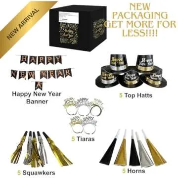 New Years Eve Party Supplies for 10, New Year Eve Celebration, Includes - 21 Pieces, 5 Top Hats, 5 T...