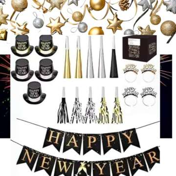 New Years Eve Party Supplies for 10, New Year Eve Celebration, Includes - 21 Pieces, 5 Top Hats, 5 Tiaras, 5 Blowing Horns, 5 Squawkers and 1 Banner