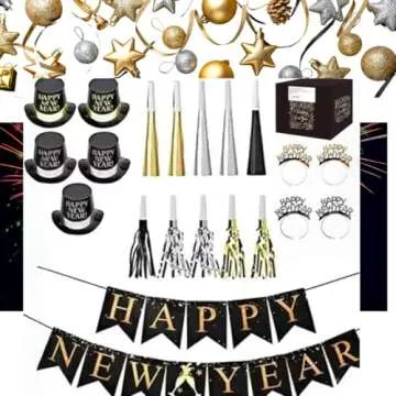 New Years Eve Party Supplies for 10, New Year Eve Celebration, Includes - 21 Pieces, 5 Top Hats, 5 Tiaras, 5 Blowing Horns, 5 Squawkers and 1 Banner