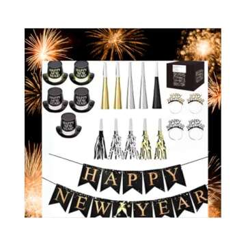 New Years Eve Party Supplies for 10, New Year Eve Celebration, Includes - 21 Pieces, 5 Top Hats, 5 Tiaras, 5 Blowing Horns, 5 Squawkers and 1 Banner