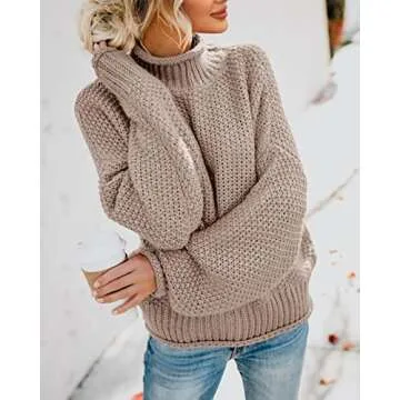 Saodimallsu Womens Turtleneck Sweater Oversized Warm Winter Sweaters Batwing Long Sleeve Cozy Chunky Knit Pullover Tops Tan