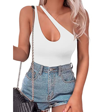 SAUNGKUAI Women’s Sexy One Shoulder Sleeveless Thong Bodysuit Tank
