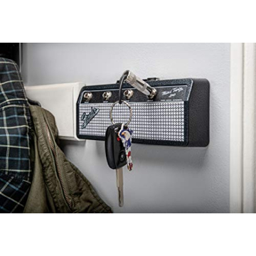 P Pluginz Licensed Fender Jack Rack- Wall mounting Guitar amp Key Holder, Includes 4 Guitar Plug Keychains and 1 Wall mounting kit. Quick and Easy Installation.